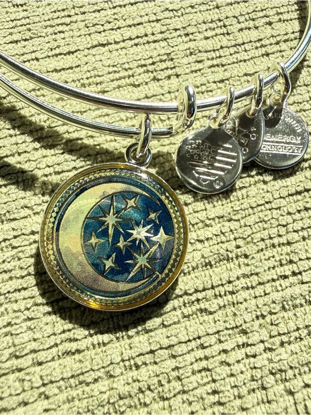 Alex and Ani Silver-Tone Crescent Moon & Star Enamel Charm Bangle - Blue/Gold